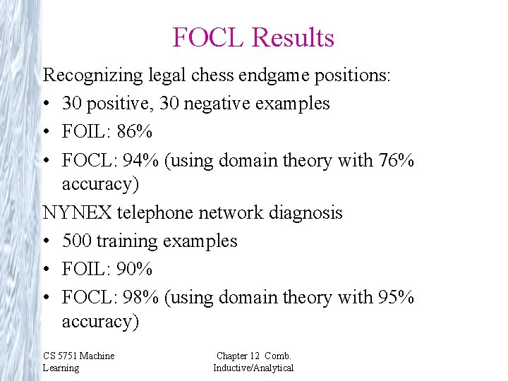 FOCL Results Recognizing legal chess endgame positions: • 30 positive, 30 negative examples •