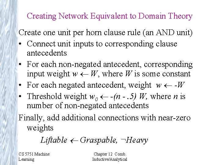 Creating Network Equivalent to Domain Theory Create one unit per horn clause rule (an