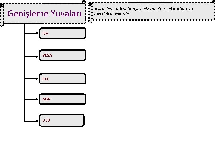  Genişleme Yuvaları Ses, video, radyo, tarayıcı, ekran, ethernet kartlarının takıldığı yuvalardır. ISA VESA