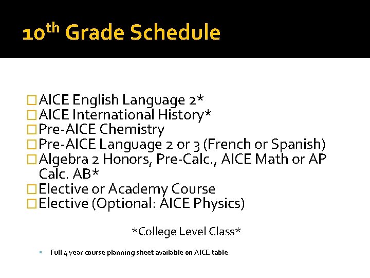 th 10 Grade Schedule �AICE English Language 2* �AICE International History* �Pre-AICE Chemistry �Pre-AICE