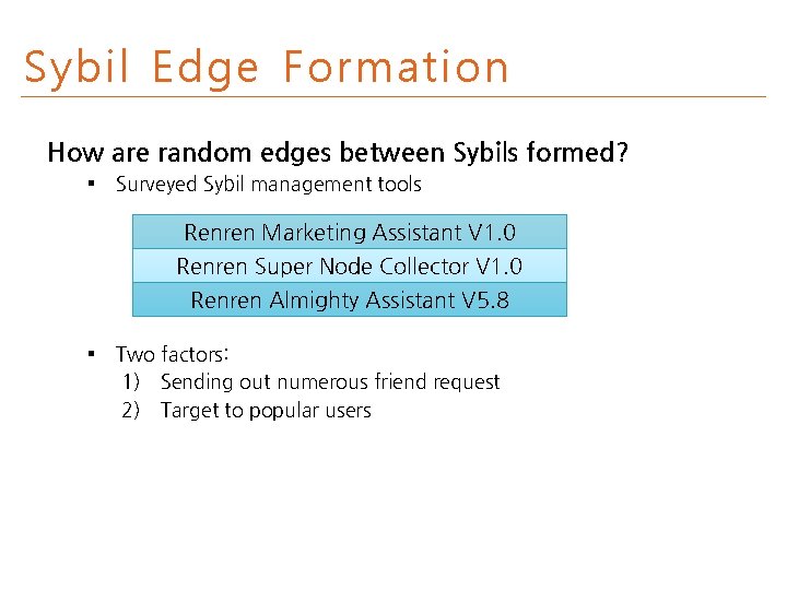 Sybil Edge Formation How are random edges between Sybils formed? § Surveyed Sybil management