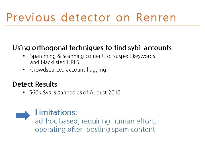 Previous detector on Renren Using orthogonal techniques to find sybil accounts § § Spamming