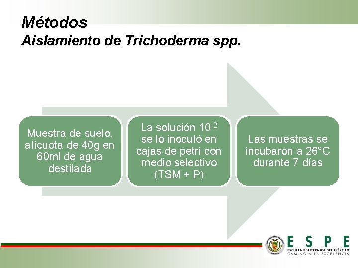 Métodos Aislamiento de Trichoderma spp. Muestra de suelo, alícuota de 40 g en 60