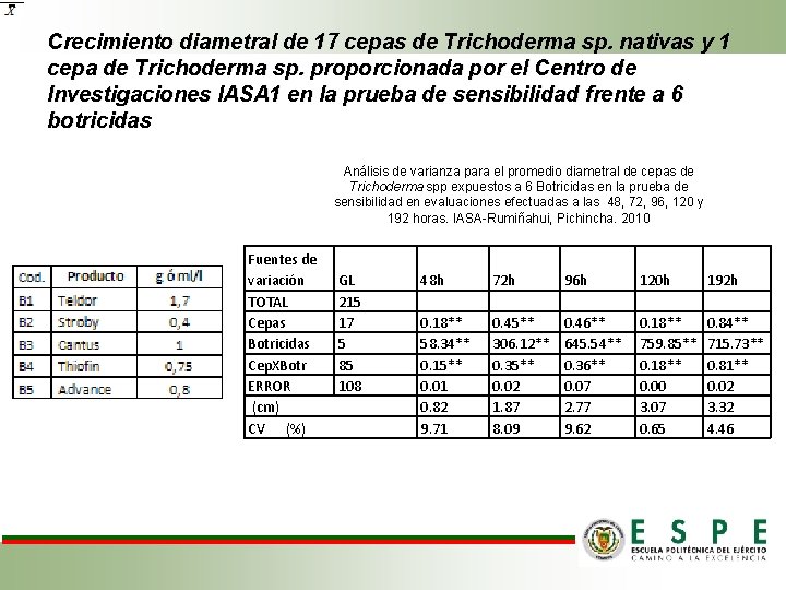 Crecimiento diametral de 17 cepas de Trichoderma sp. nativas y 1 cepa de Trichoderma