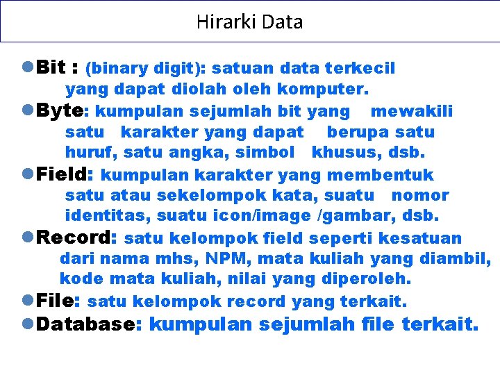 Hirarki Data l. Bit : (binary digit): satuan data terkecil yang dapat diolah oleh