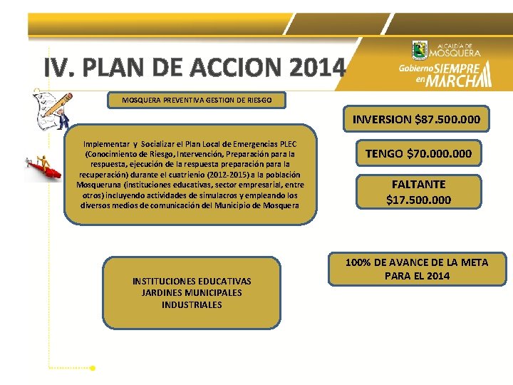 IV. PLAN DE ACCION 2014 MOSQUERA PREVENTIVA GESTION DE RIESGO INVERSION $87. 500. 000