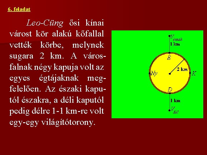 6. feladat Leo-Cüng ősi kínai várost kör alakú kőfallal vették körbe, melynek sugara 2