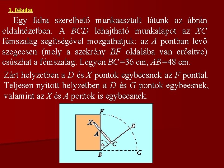 1. feladat Egy falra szerelhető munkaasztalt látunk az ábrán oldalnézetben. A BCD lehajtható munkalapot