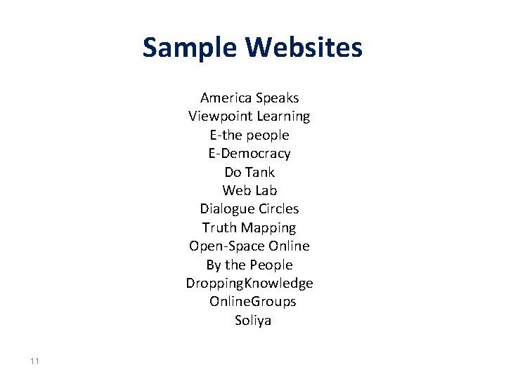 Sample Websites America Speaks Viewpoint Learning E-the people E-Democracy Do Tank Web Lab Dialogue