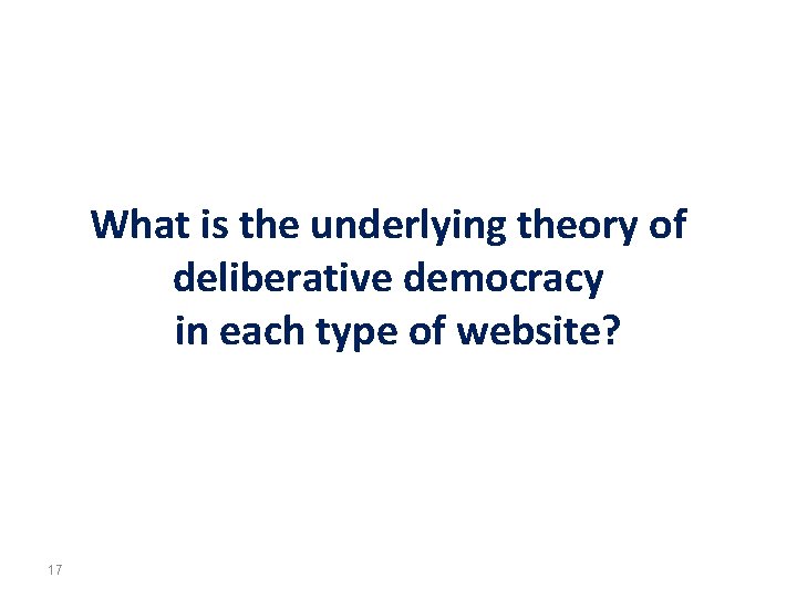 What is the underlying theory of deliberative democracy in each type of website? 17
