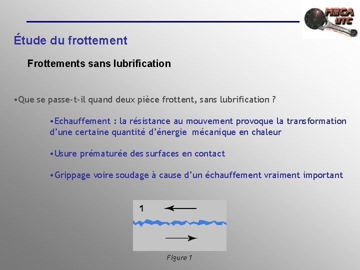 Étude du frottement Frottements sans lubrification • Que se passe-t-il quand deux pièce frottent,