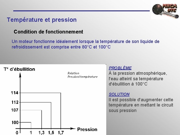 Température et pression Condition de fonctionnement Un moteur fonctionne idéalement lorsque la température de