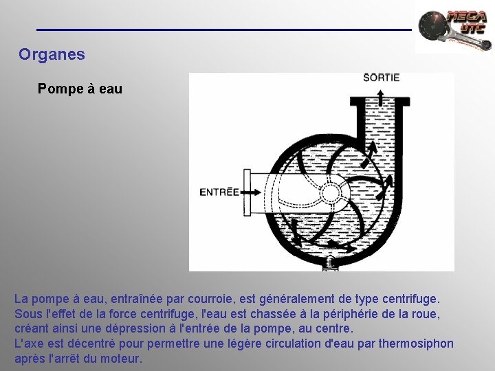 Organes Pompe à eau La pompe à eau, entraînée par courroie, est généralement de