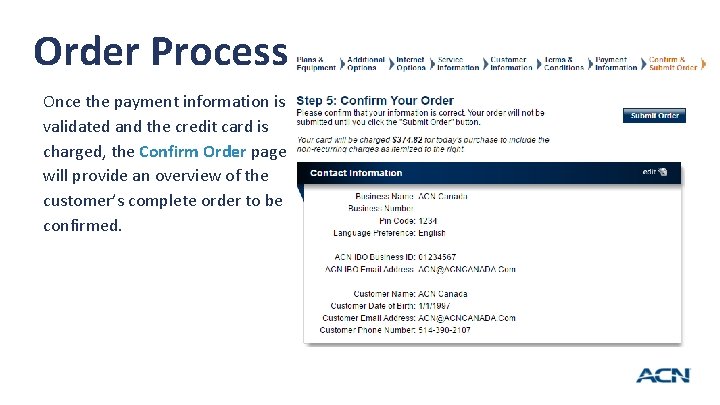 Order Process Once the payment information is validated and the credit card is charged,