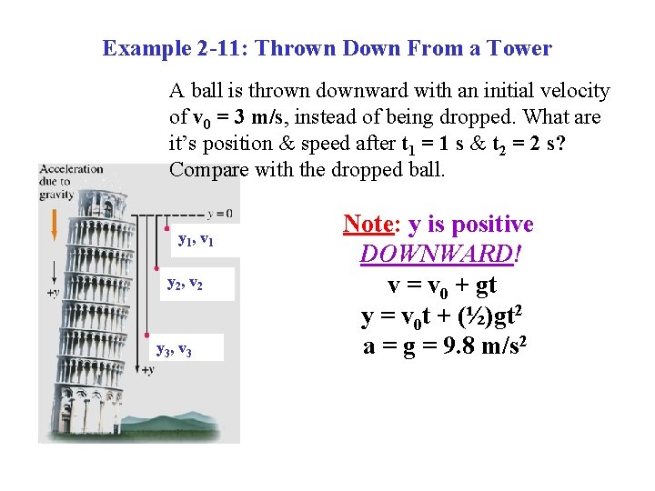 Example 2 -11: Thrown Down From a Tower A ball is thrown downward with