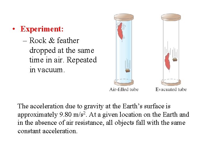  • Experiment: – Rock & feather dropped at the same time in air.