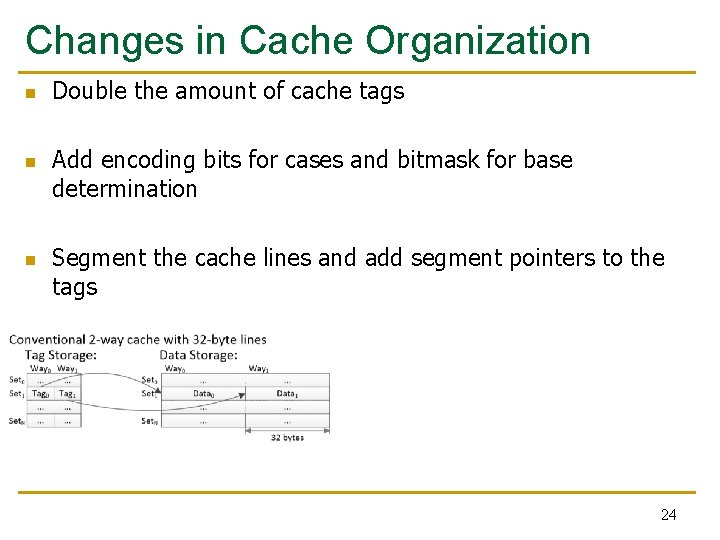 Changes in Cache Organization n Double the amount of cache tags Add encoding bits