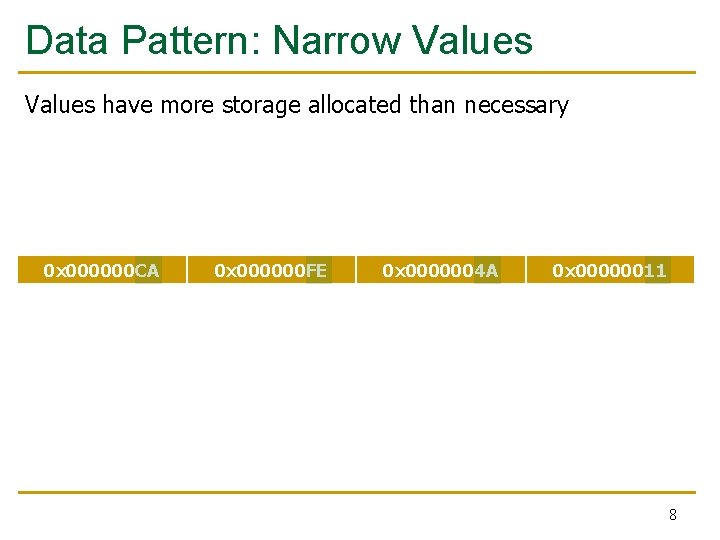 Data Pattern: Narrow Values have more storage allocated than necessary 0 x 000000 CA