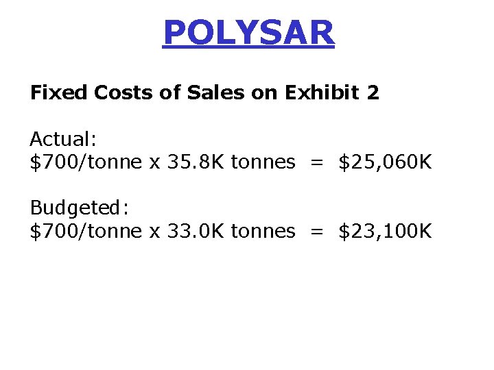 POLYSAR Fixed Costs of Sales on Exhibit 2 Actual: $700/tonne x 35. 8 K