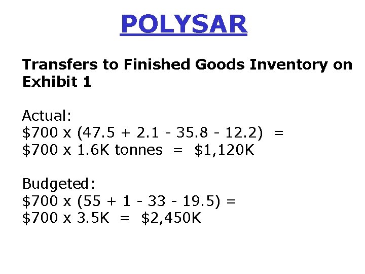 POLYSAR Transfers to Finished Goods Inventory on Exhibit 1 Actual: $700 x (47. 5