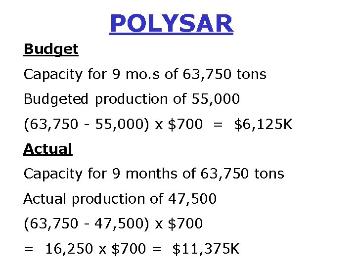 POLYSAR Budget Capacity for 9 mo. s of 63, 750 tons Budgeted production of