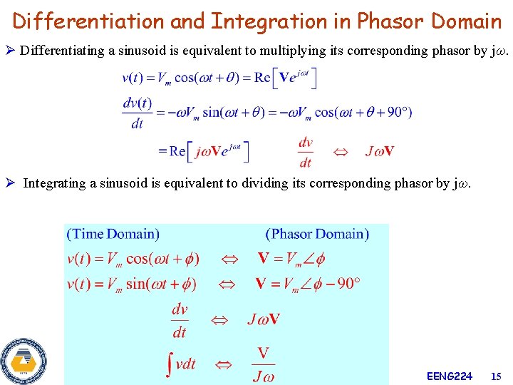 Differentiation and Integration in Phasor Domain Ø Differentiating a sinusoid is equivalent to multiplying