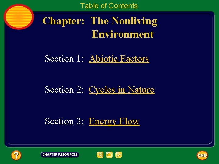 Table of Contents Chapter: The Nonliving Environment Section 1: Abiotic Factors Section 2: Cycles