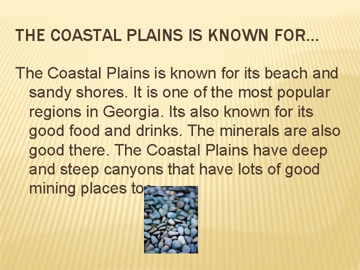 THE COASTAL PLAINS IS KNOWN FOR… The Coastal Plains is known for its beach