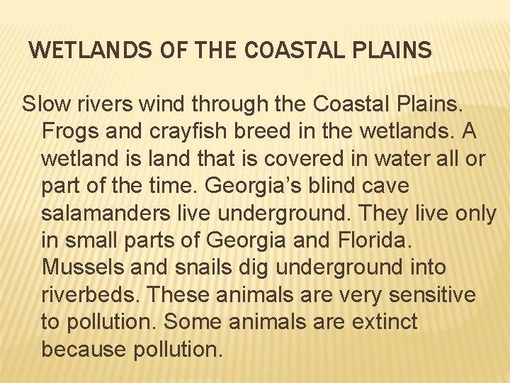 WETLANDS OF THE COASTAL PLAINS Slow rivers wind through the Coastal Plains. Frogs and