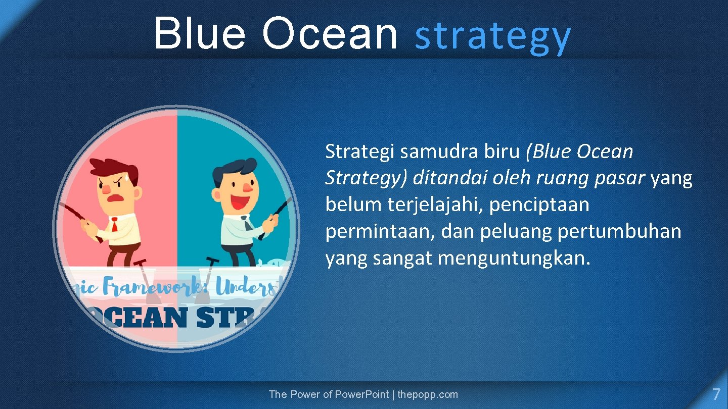 Blue Ocean strategy Strategi samudra biru (Blue Ocean Strategy) ditandai oleh ruang pasar yang