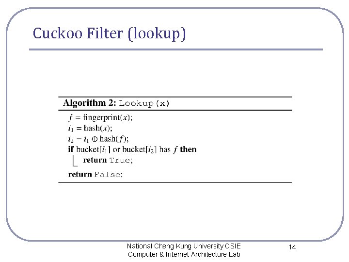 Cuckoo Filter (lookup) National Cheng Kung University CSIE Computer & Internet Architecture Lab 14