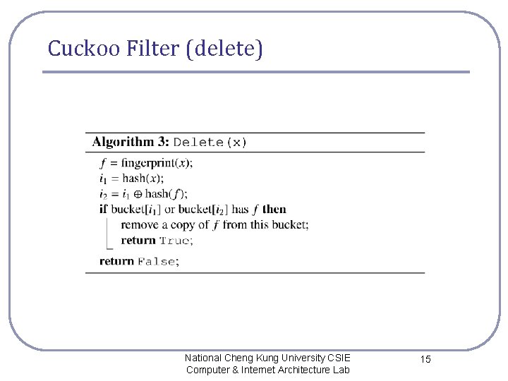 Cuckoo Filter (delete) National Cheng Kung University CSIE Computer & Internet Architecture Lab 15