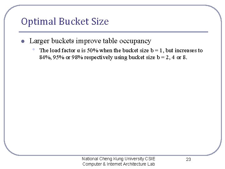 Optimal Bucket Size l Larger buckets improve table occupancy • The load factor α