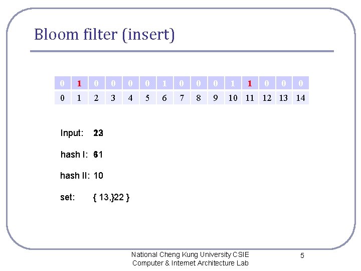 Bloom filter (insert) 0 10 0 0 0 10 0 1 2 3 4