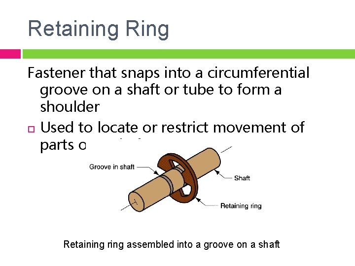 Retaining Ring Fastener that snaps into a circumferential groove on a shaft or tube