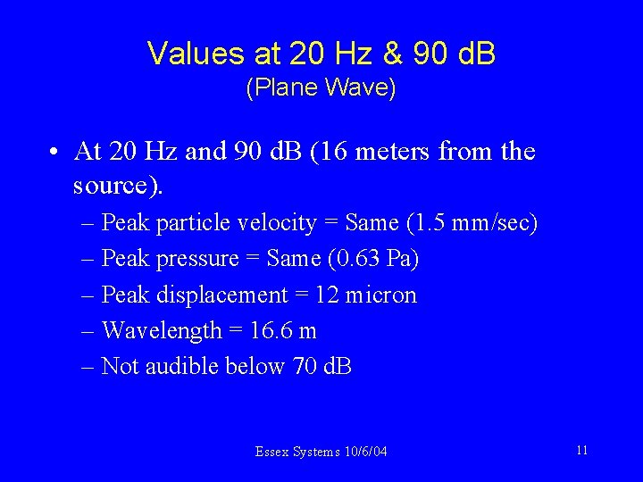Values at 20 Hz & 90 d. B (Plane Wave) • At 20 Hz