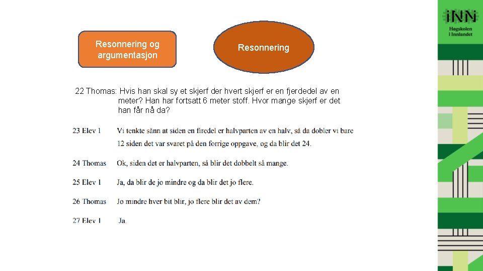 Resonnering og argumentasjon Resonnering 22 Thomas: Hvis han skal sy et skjerf der hvert