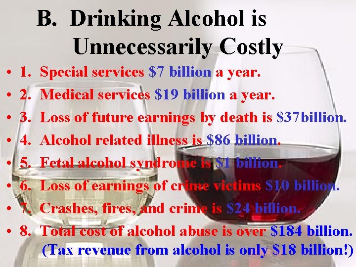 B. Drinking Alcohol is Unnecessarily Costly • • 1. 2. 3. 4. 5. 6.