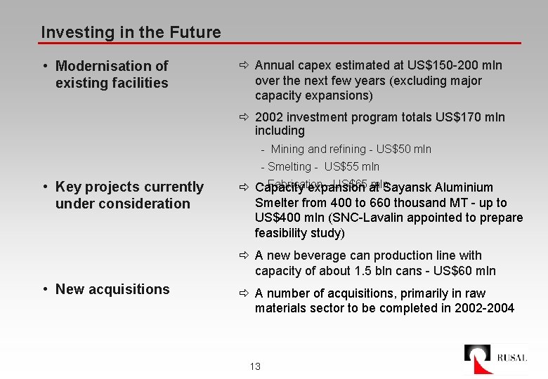 Investing in the Future • Modernisation of existing facilities ð Annual capex estimated at