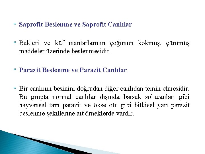  Saprofit Beslenme ve Saprofit Canlılar Bakteri ve küf mantarlarının çoğunun kokmuş, çürümüş maddeler