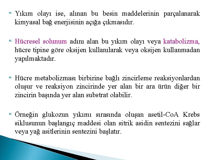  Yıkım olayı ise, alınan bu besin maddelerinin parçalanarak kimyasal bağ enerjisinin açığa çıkmasıdır.