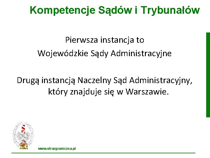 Kompetencje Sądów i Trybunałów Pierwsza instancja to Wojewódzkie Sądy Administracyjne Drugą instancją Naczelny Sąd