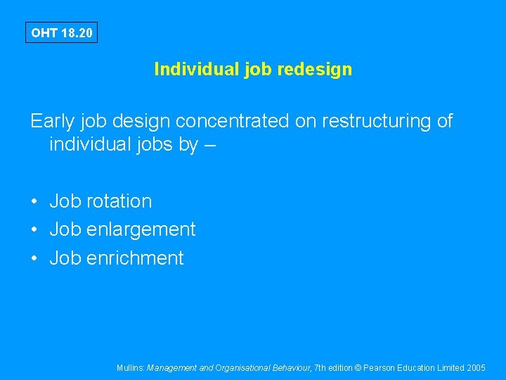 OHT 18. 20 Individual job redesign Early job design concentrated on restructuring of individual