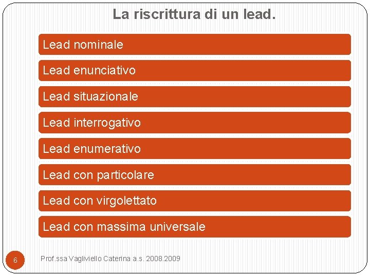 La riscrittura di un lead. Lead nominale Lead enunciativo Lead situazionale Lead interrogativo Lead