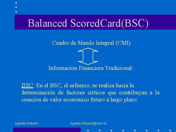 Balanced Scored. Card(BSC) Cuadro de Mando Integral (CMI) Información Financiera Tradicional. BSC: En el