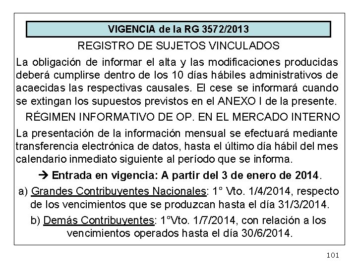 VIGENCIA de la RG 3572/2013 REGISTRO DE SUJETOS VINCULADOS La obligación de informar el