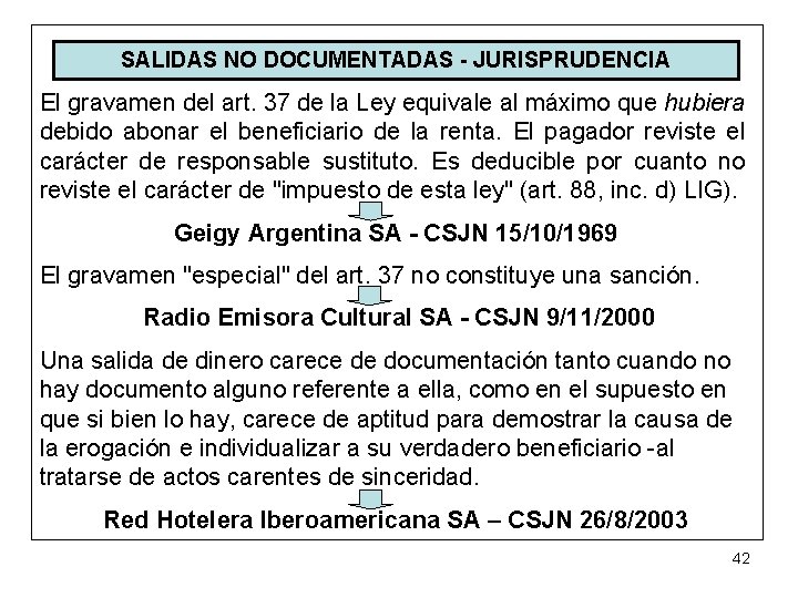 SALIDAS NO DOCUMENTADAS - JURISPRUDENCIA El gravamen del art. 37 de la Ley equivale
