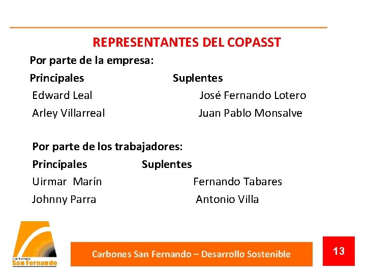 REPRESENTANTES DEL COPASST Por parte de la empresa: Principales Suplentes Edward Leal José Fernando