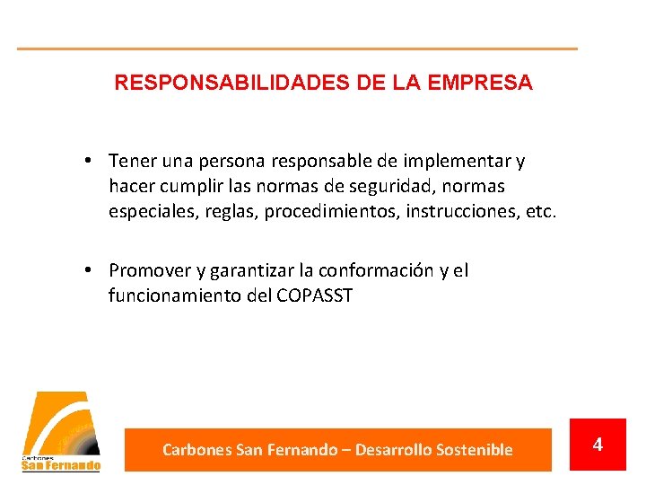 RESPONSABILIDADES DE LA EMPRESA • Tener una persona responsable de implementar y hacer cumplir