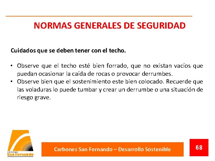 NORMAS GENERALES DE SEGURIDAD Cuidados que se deben tener con el techo. • Observe